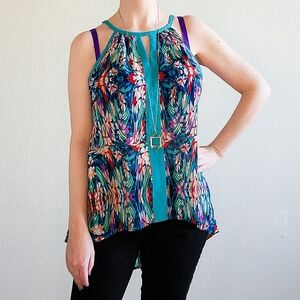 Nicole Miller Multicolor Floral Breezy Blouse in Purple, Teal and Red, Size M